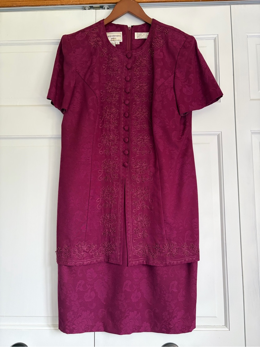 Karin Stevens Sz12 Embroidered Beaded Vintage Short-Sleeve Midi Dress Burgundy